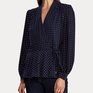 Ralph Lauren Navy Long Sleeve Stretch Jersey Wrap Blouse